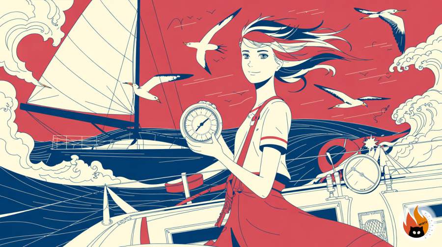 Illustration stylisée en anime d'une jeune navigatrice entourée d'instruments météorologiques traditionnels et modernes - www.myrty.eu
