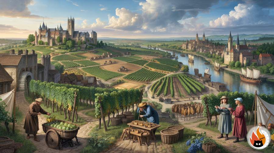 Vue panoramique d'un paysage européen florissant pendant l'Optimum Climatique Médiéval, montrant une agriculture étendue, des vignobles dans les régions nordiques et des établissements prospères sous des conditions climatiques favorables - www.myrty.eu