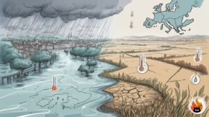 Croquis artistique : inondations et sécheresse dans des paysages européens, www.myrty.eu - www.myrty.eu