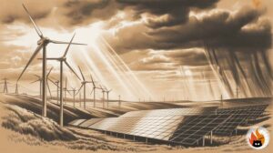 Installation éolienne et solaire moderne sous conditions météorologiques changeantes avec nuages orageux et rayons de soleil perçants - www.myrty.eu