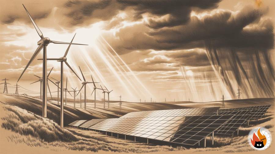 Installation éolienne et solaire moderne sous conditions météorologiques changeantes avec nuages orageux et rayons de soleil perçants - www.myrty.eu