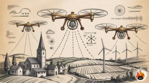Réseau futuriste de drones météorologiques autonomes au-dessus d'un paysage urbain avec visualisation de données et technologie de prévision météorologique - www.myrty.eu
