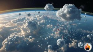 Vue microscopique de gouttelettes d'eau se formant et se condensant dans l'atmosphère, avec noyaux de condensation et molécules de vapeur visibles - www.myrty.eu