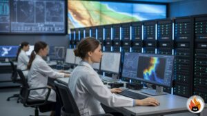 Supercalculateur moderne pour la prédiction numérique météorologique avec visualisations de données complexes et modèles atmosphériques sur plusieurs écrans - www.myrty.eu