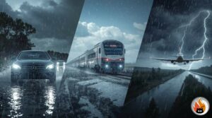 Différents moyens de transport par conditions météorologiques variées - voiture sous la pluie, train dans la neige, avion par temps orageux - www.myrty.eu