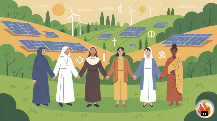 Groupe diversifié de communautés religieuses de différentes confessions se tenant en cercle et se tenant la main, entourées de nature verdoyante et de panneaux solaires, symbolisant l'unité dans l'action climatique par la foi - www.myrty.eu